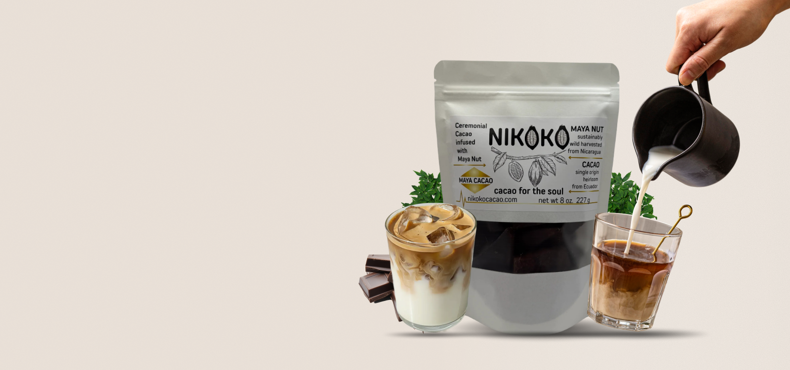 Nikela Cacao mugs and cacao beans